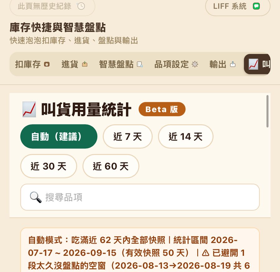 LINE mini-app for inventory: usage statistics and reorder alerts